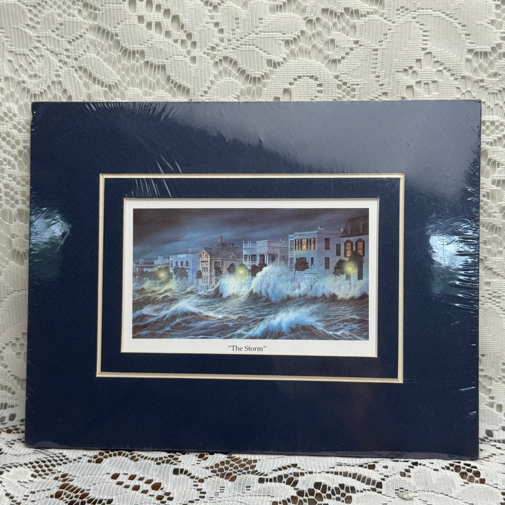 The Storm Coastal Matted Art Print 9x7 Ocean Waves Historic Seaside Homes